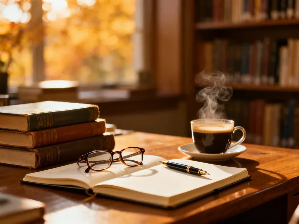 Stos książek na biurku z filiżanką kawy i notatnikiem, tworzący przytulny klimat sprzyjający czytaniu literatury.