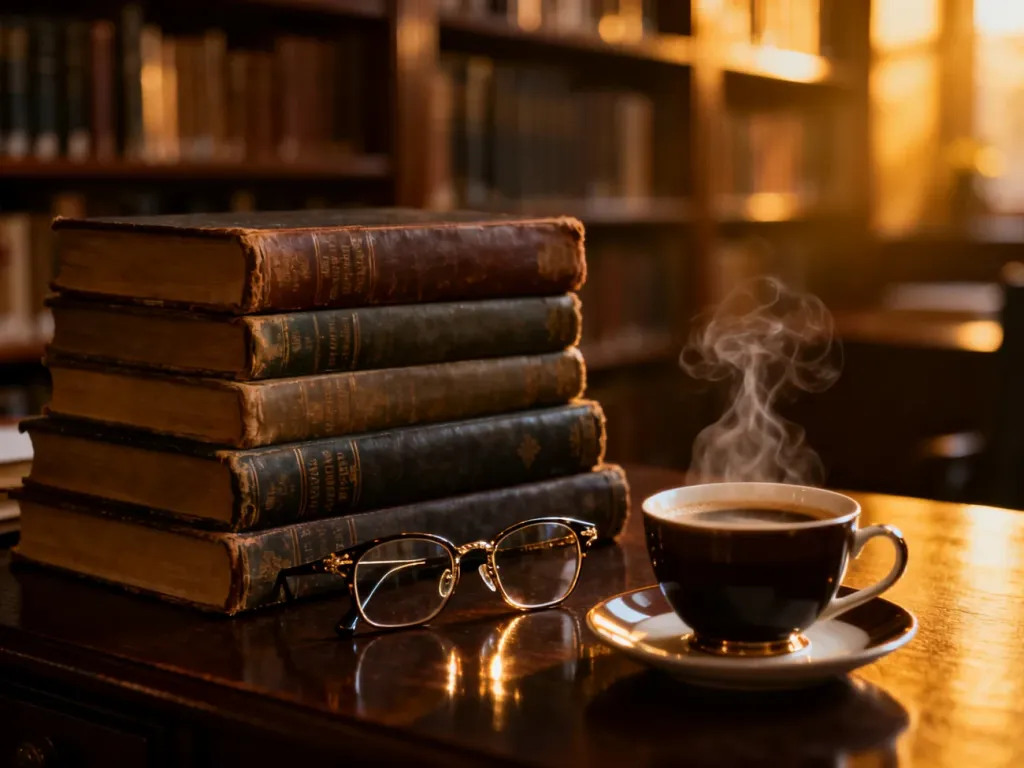 Stos starych książek na drewnianym biurku z okularami i filiżanką kawy w przytulnej bibliotece.