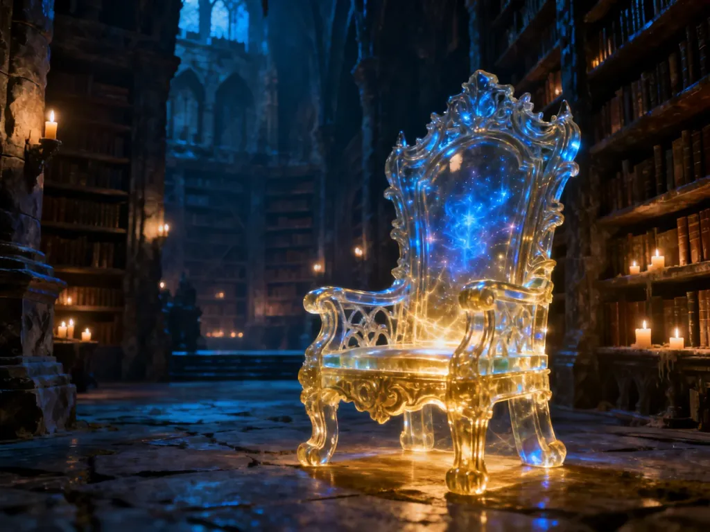 Ozdobny, magicznie świecący szklany tron na tle rozległej, mrocznej biblioteki w stylu fantasy.