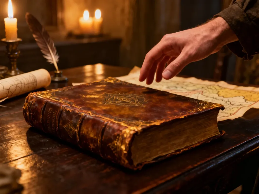 Stara, skórzana księga fantasy na drewnianym stole w klimatycznym, oświetlonym świecami wnętrzu.