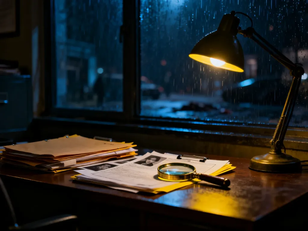 Mroczne biurko detektywa z dowodami i lampą na tle deszczowego, nocnego miasta w klimacie kryminału.