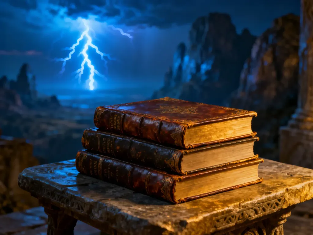 Stos grubych ksiąg fantasy na kamiennym stole na tle magicznej burzy, nawiązujący do klimatu serii Archiwum burzowego światła.