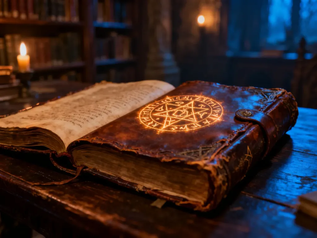 Otwarta, stara księga z magicznymi runami na tle klimatycznej biblioteki, nawiązująca do świata serii Virion.