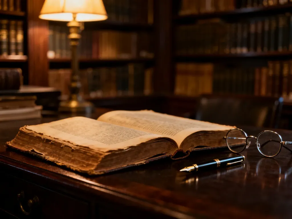 Otwarta stara książka, okulary i pióro na drewnianym biurku w klimacie biblioteki, nawiązujące do kryminałów Miłoszewskiego.