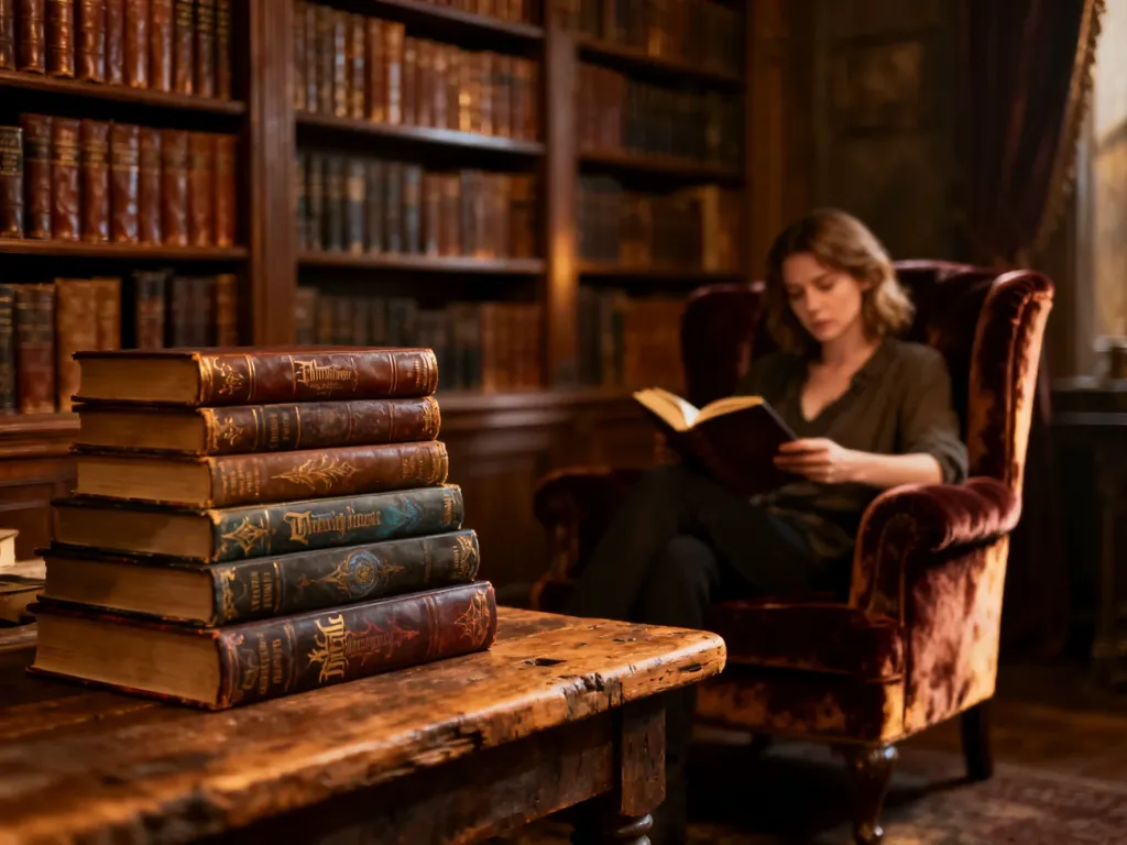 Kobieta czytająca książkę fantasy w przytulnej bibliotece, otoczona regałami z literaturą.