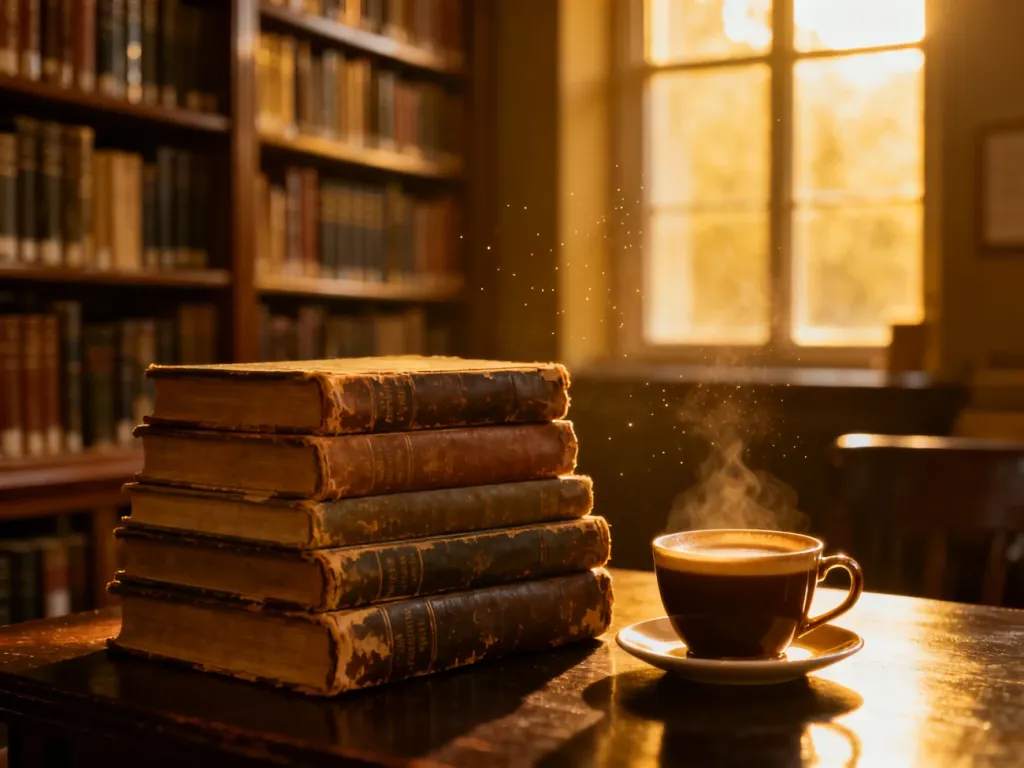 Stos starych książek i filiżanka kawy na drewnianym stole w przytulnej bibliotece, podkreślające literacki klimat.
